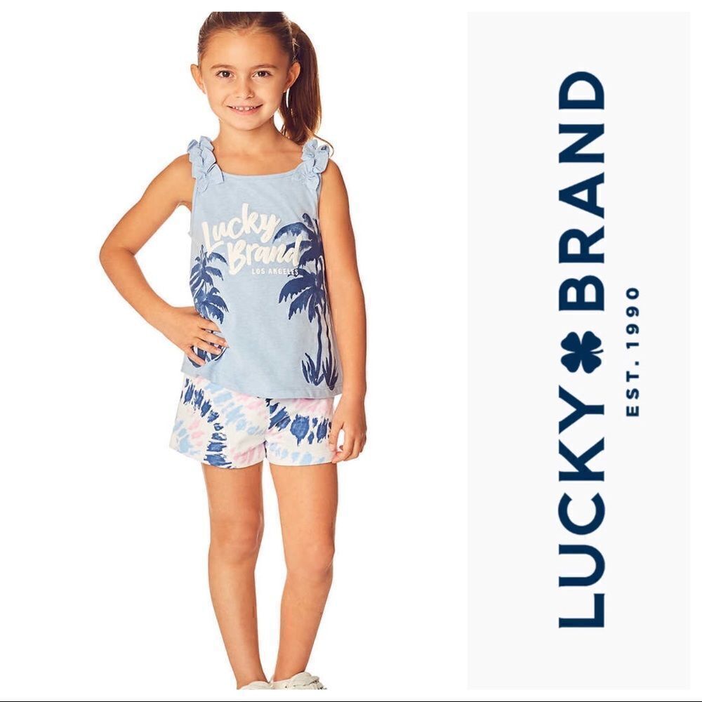 NWT 🍀 Lucky Brand Girls 2-piece Summer Top and Short Set in Blue Multi
